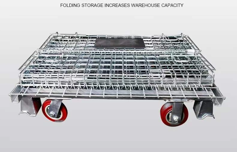 Warehouse Folding Storage Steel Box Steel Mesh Tray Rolling Cage Galvanized Folding Combination Logistics Equipment